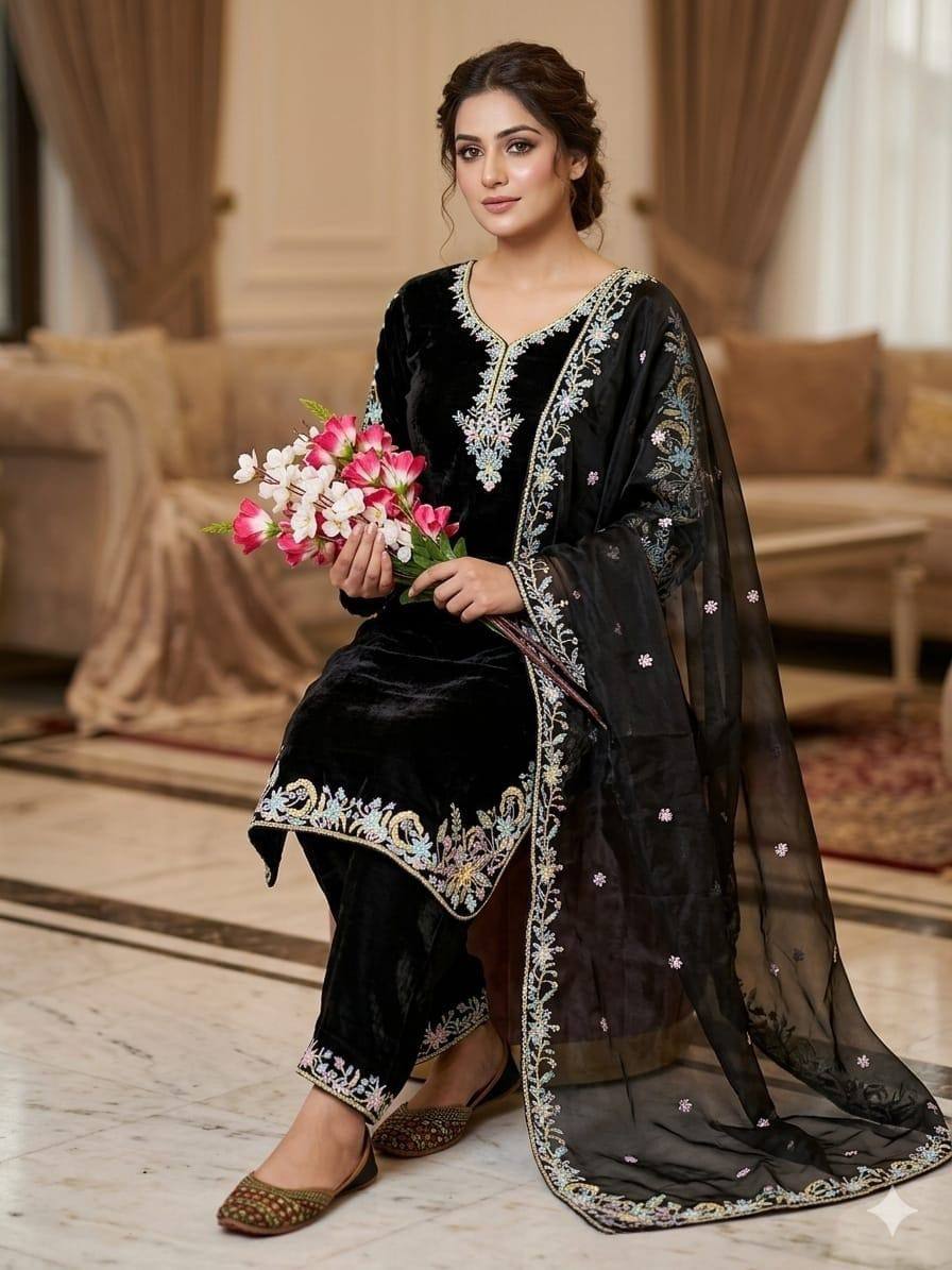 Deep Obsidian Floral-Embroidered Couture